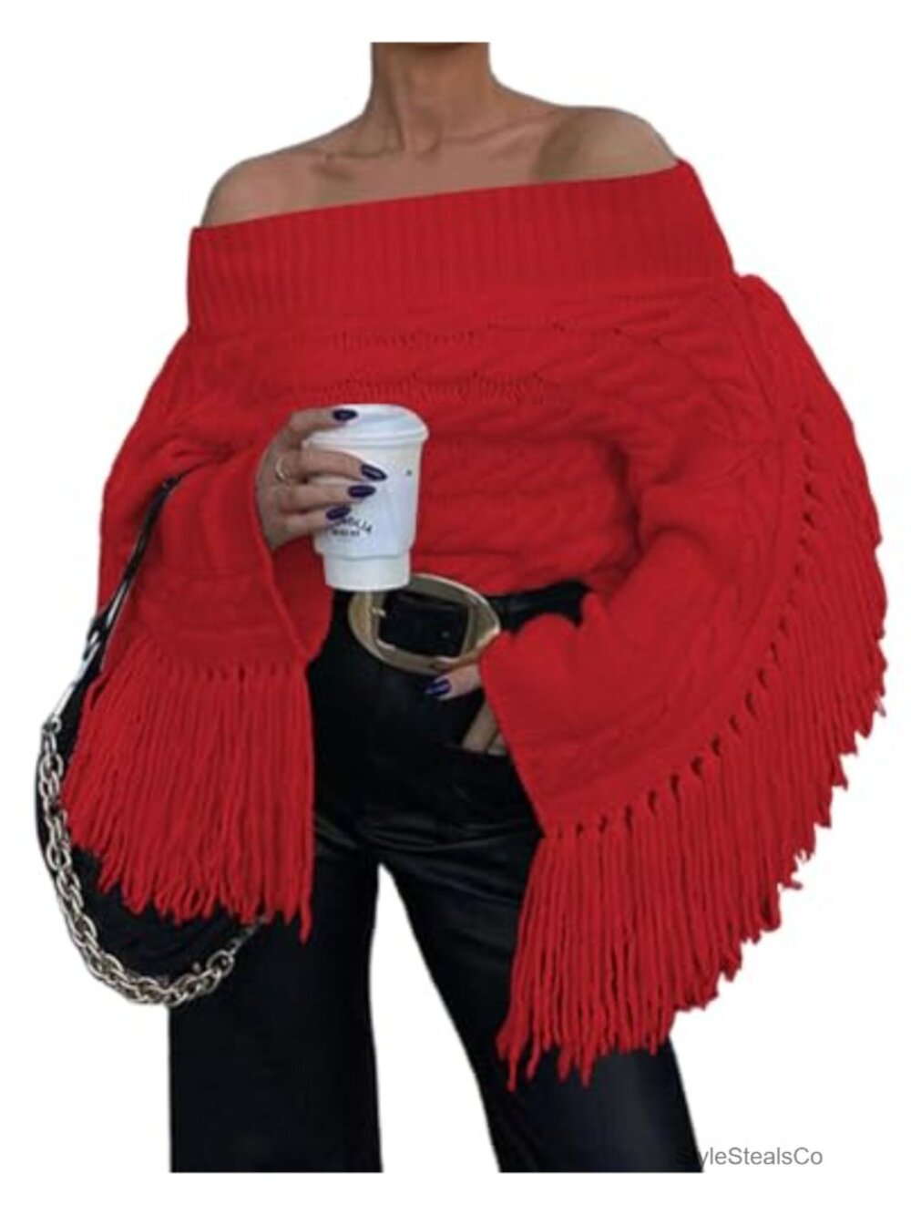 Off Shoulder Fringe Cropped Sweater Long Sleeve Pullover Knit Tassel Top